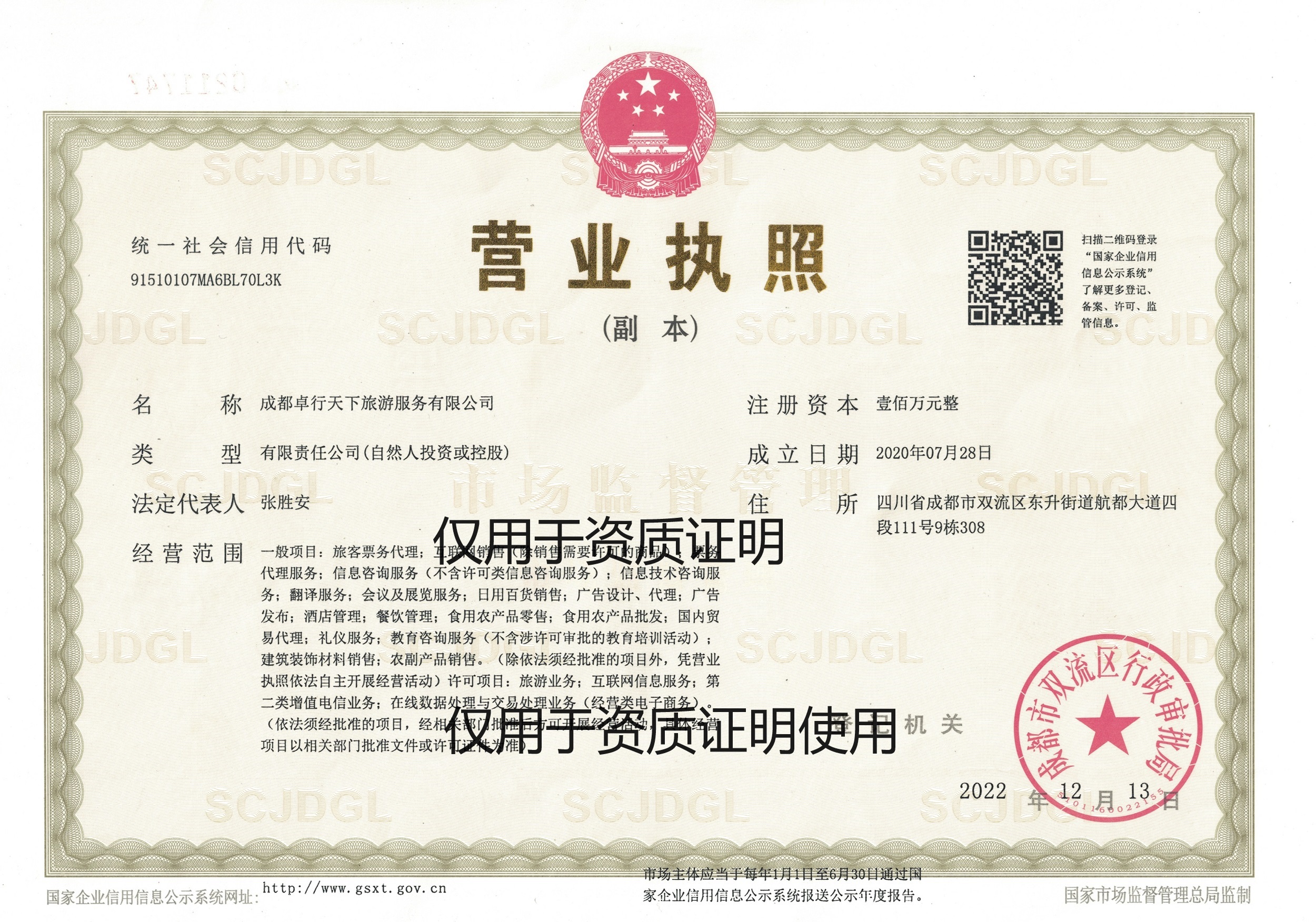 成都卓行天下旅游服务有限公司营业执照
